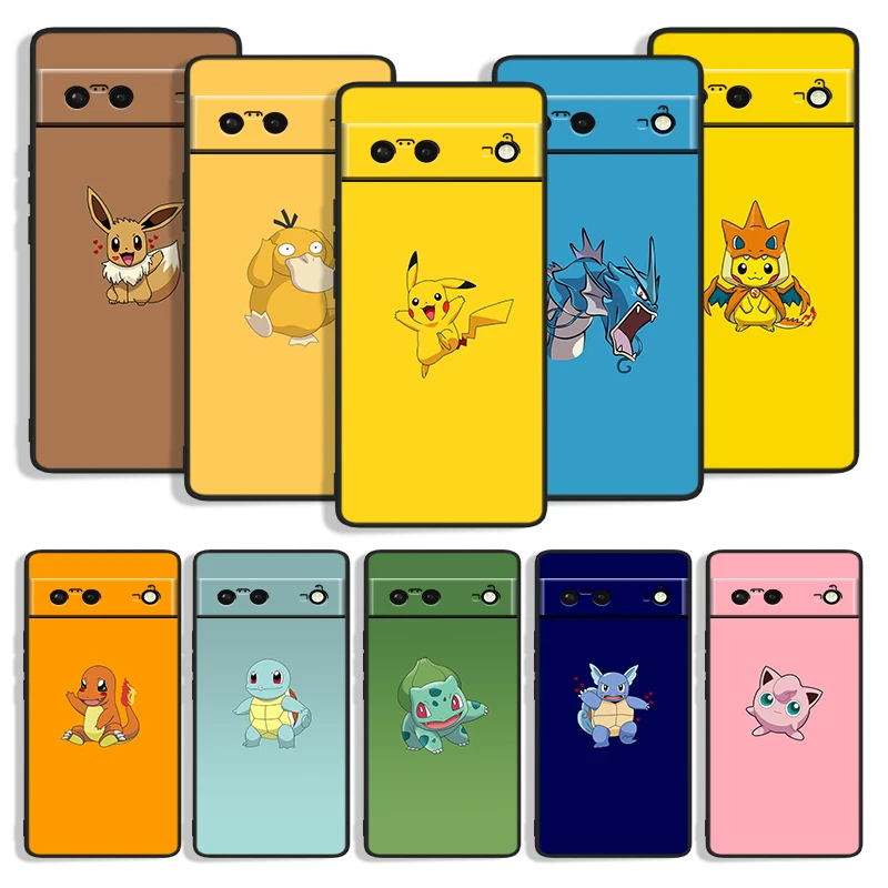 Kreskówki Pokemon Pikachu odporna na wstrząsy Etui do Telefonu Google Pixel 7 6a 5a 6 5 4 4A XL 5G Czarny Etui Futerał Pokrowiec Silikonowy