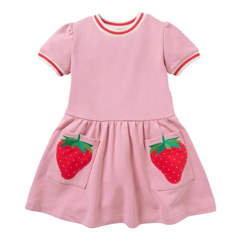 Little Maven/ Nowe Letnie dla Dzieci Różowe Codzienne sukienki z truskawkami i Krótkim rękawem dla dziewczynek 2-7 lat, Bawełniane Śliczne Sukienki z długim rękawem i aplikacją