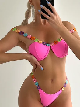 Sexy Strój Kąpielowy Bikini 2023, Nowy Różowy Strój Kąpielowy Z Nadrukiem Kwiatów, Kobiecy Zestaw Bikini Stringi, Letni Plażowy Strój Kąpielowy Dwuczęściowy Dla Kobiet