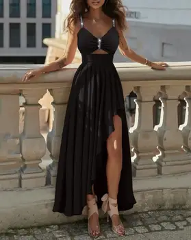 Sexy Sukienki Dla Kobiet 2022 Letnie Efektowne Weselnych Błyszczący Łańcuch Wystrój Bez Rękawów Z Wysokim Rozcięciem Sukienka Maxi